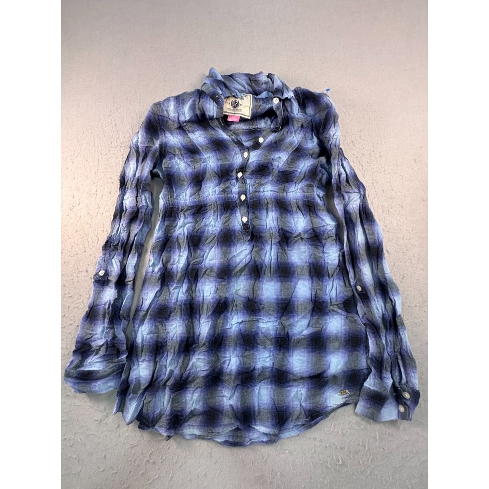 Victoria's Secret PINK Flannel Shirt Dress Womens Small Blue Plaid Button Front